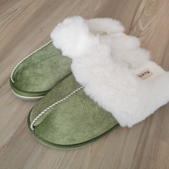 🆕Women Green Suede Fluff Dual Memory Foam Arch Support Warm Scuff Slipper - Picture 2 of 11